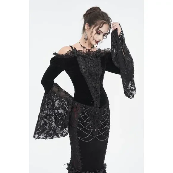 Devil Fashion Gothic Victorian Vampire Black Velvet Beaded Rose & Lace Top - Picture 13 of 16